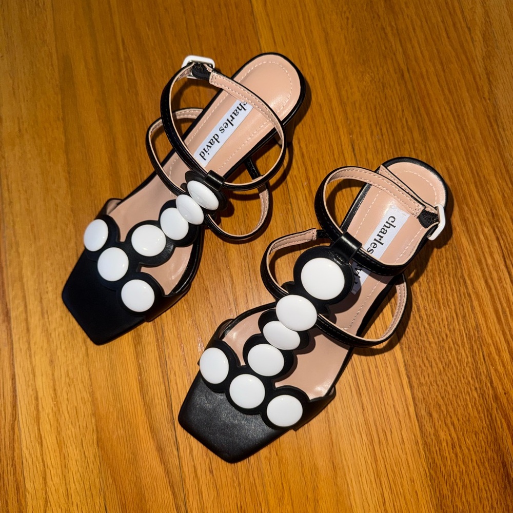 Charles David Black Sandals with White Disc Accents